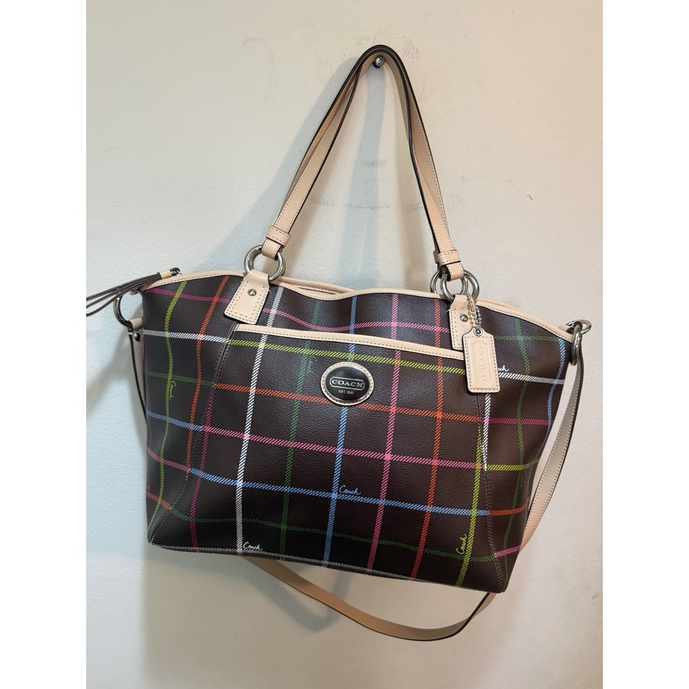 Coach Peyton Tattersall Leather Tote F24390 Shoulder Handbag Purse Multicolor